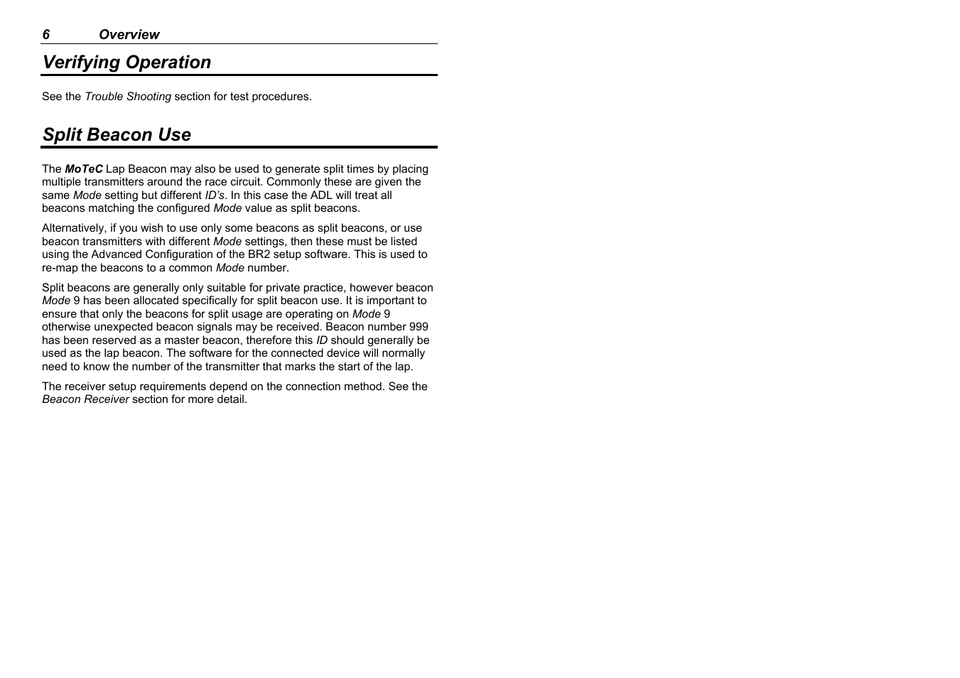 Verifying operation, Split beacon use | MoTeC BR2 BTX User Manual | Page 8 / 47