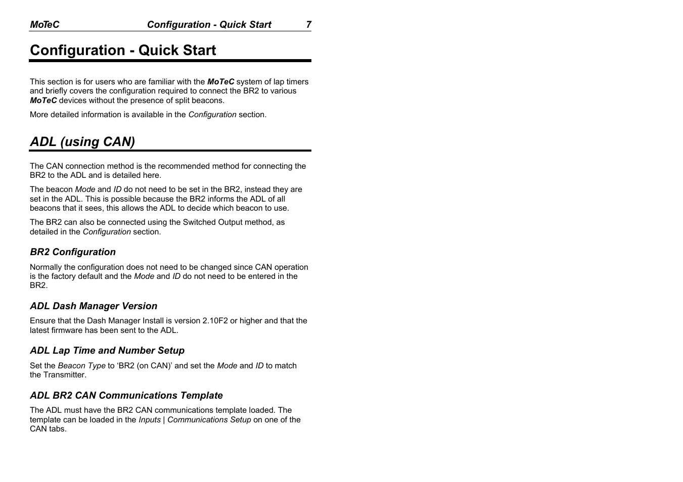 Configuration - quick start, Adl (using can) | MoTeC BR2 BTX User Manual | Page 9 / 47