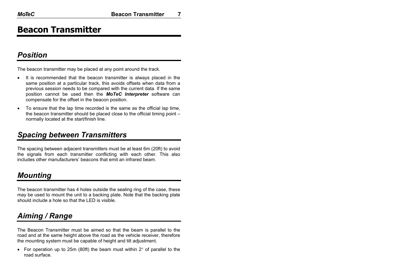 Beacon transmitter, Position, Spacing between transmitters | Mounting, Aiming / range | MoTeC BRX User Manual | Page 9 / 21