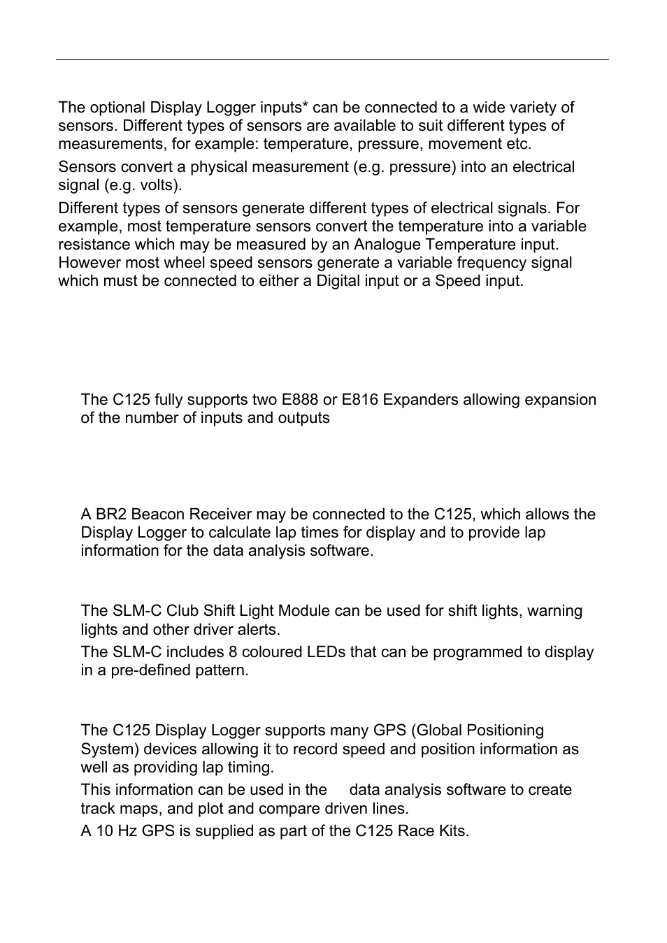 Sensors, Expanders, E888/e816 | Accessories, Slm-c | MoTeC C125 User Manual | Page 10 / 89