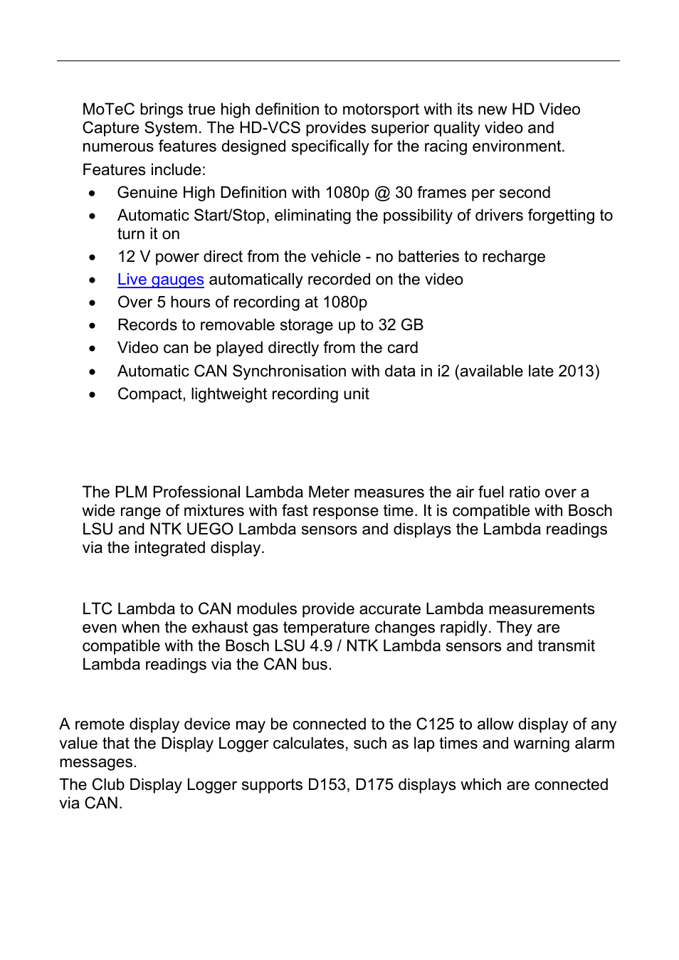 High definition video, Lambda measurement, Ltc/ltcd/ltc ntk | Remote displays | MoTeC C125 User Manual | Page 11 / 89