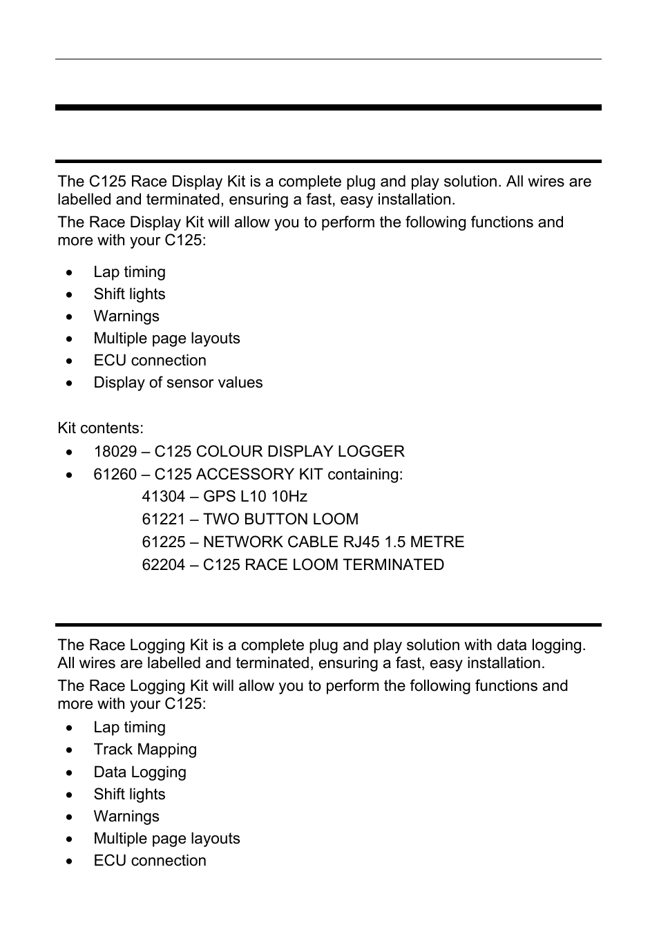 C125 race kits, C125 race display kit, C125 race logging kit | MoTeC C125 User Manual | Page 13 / 89