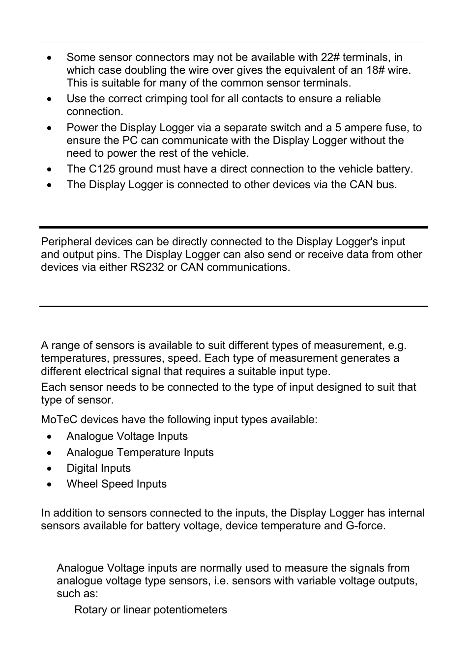 Connecting devices, Inputs – requires i/o upgrade, Input types | Analogue voltage inputs | MoTeC C125 User Manual | Page 22 / 89