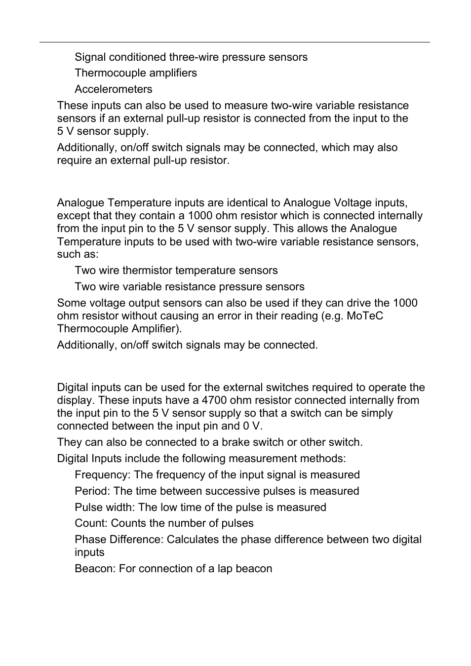 Analogue temp inputs, Digital inputs, 22 installation motec | MoTeC C125 User Manual | Page 23 / 89
