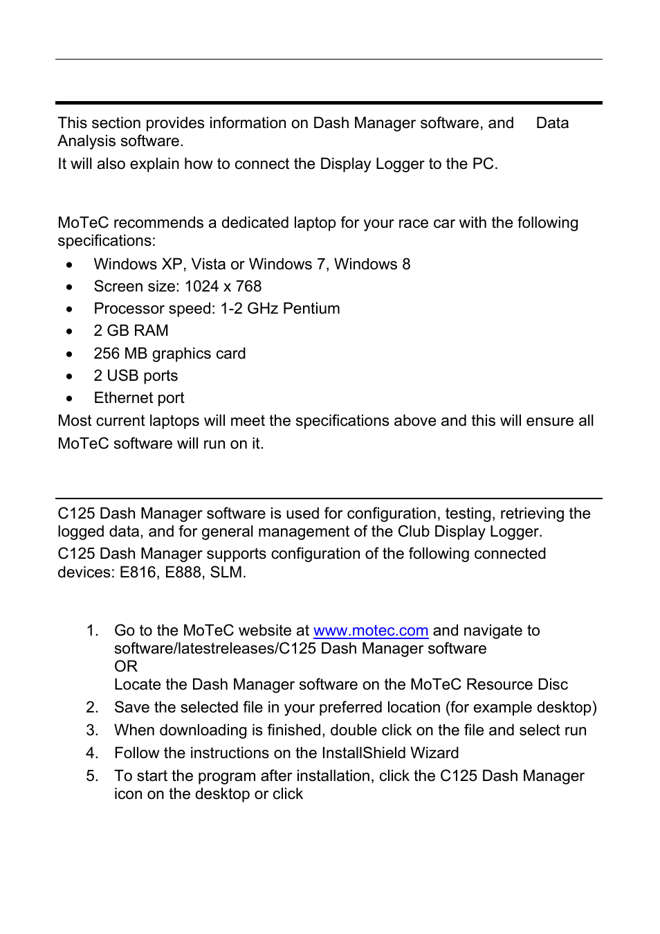 Software installation, Pc recommendations, C125 dash manager software | Installing dash manager software | MoTeC C125 User Manual | Page 27 / 89