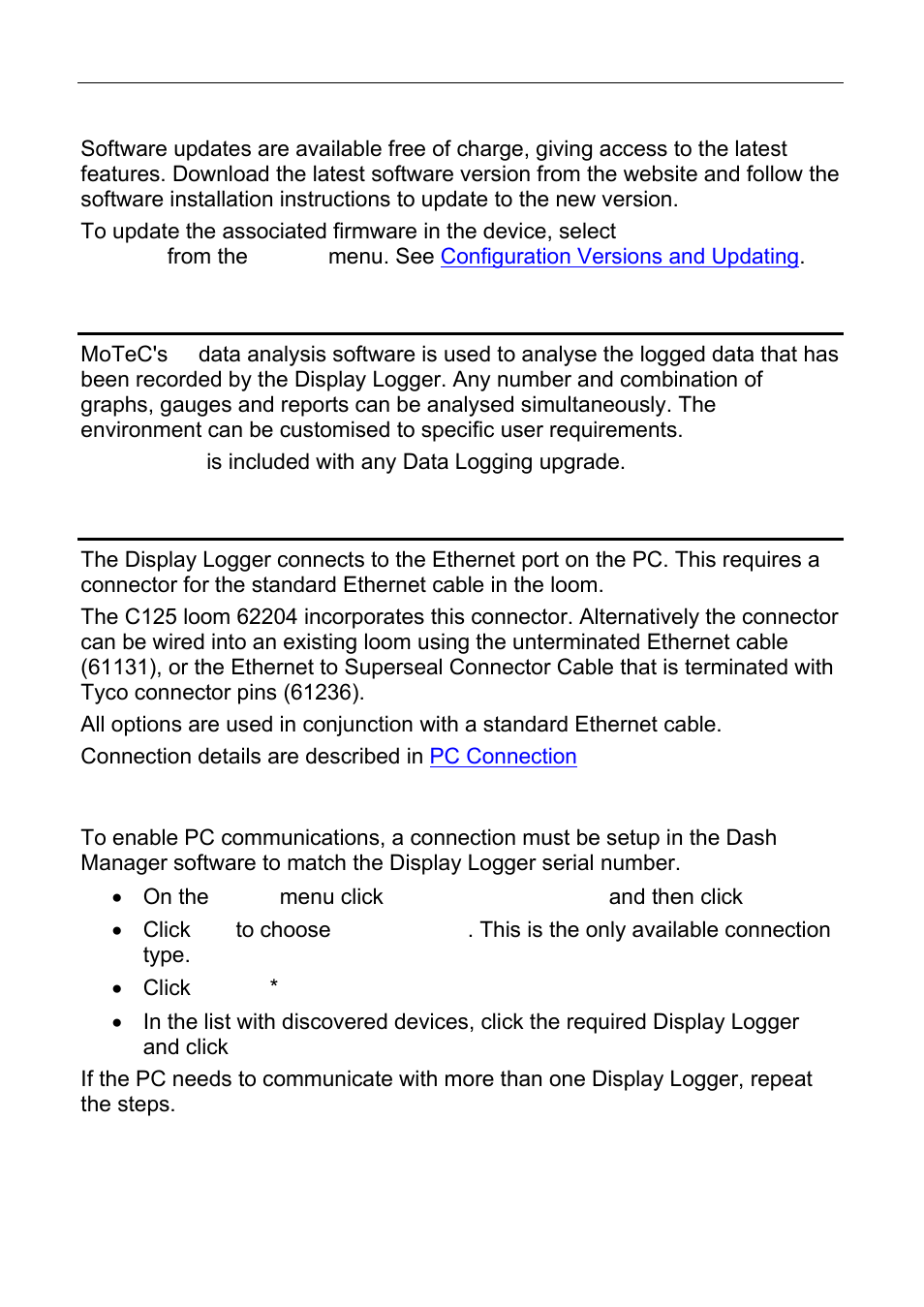 Updating c125 dash manager software, I2 data analysis software, Connecting the display logger to a pc | Pc communications setup | MoTeC C125 User Manual | Page 28 / 89