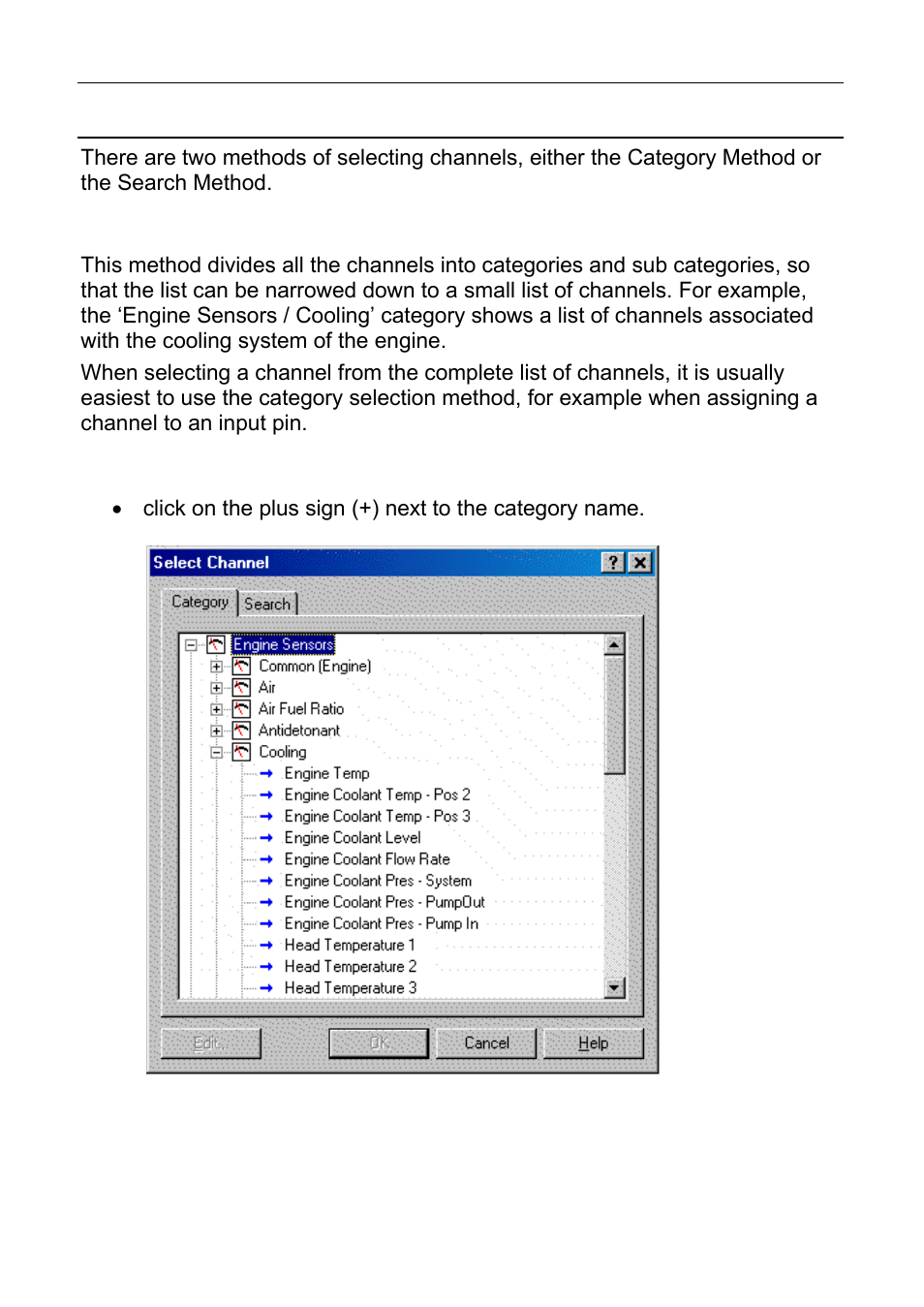 Selecting channels, Category method, To expand a category | MoTeC C125 User Manual | Page 34 / 89