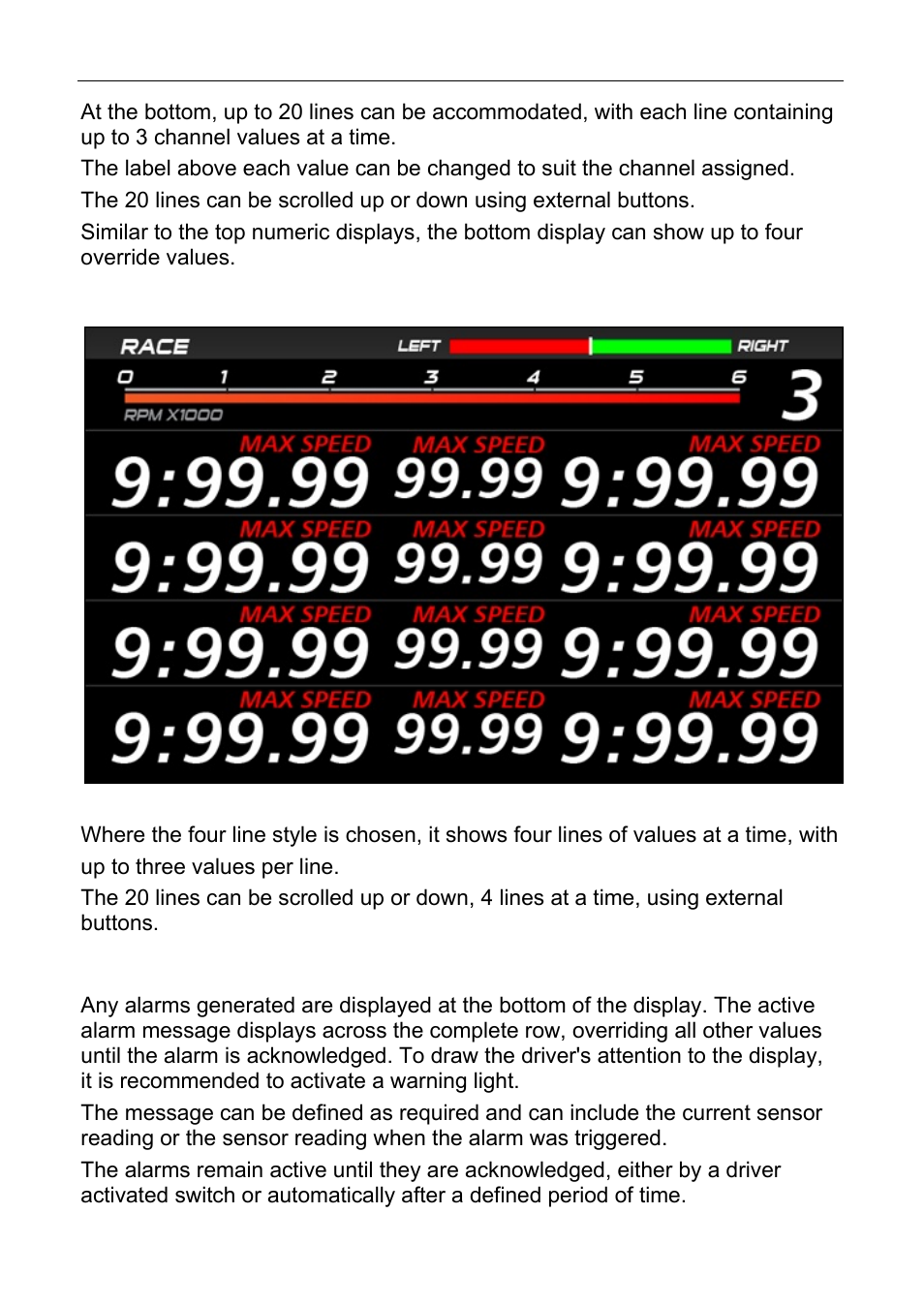 Four line style, Alarms | MoTeC C125 User Manual | Page 47 / 89