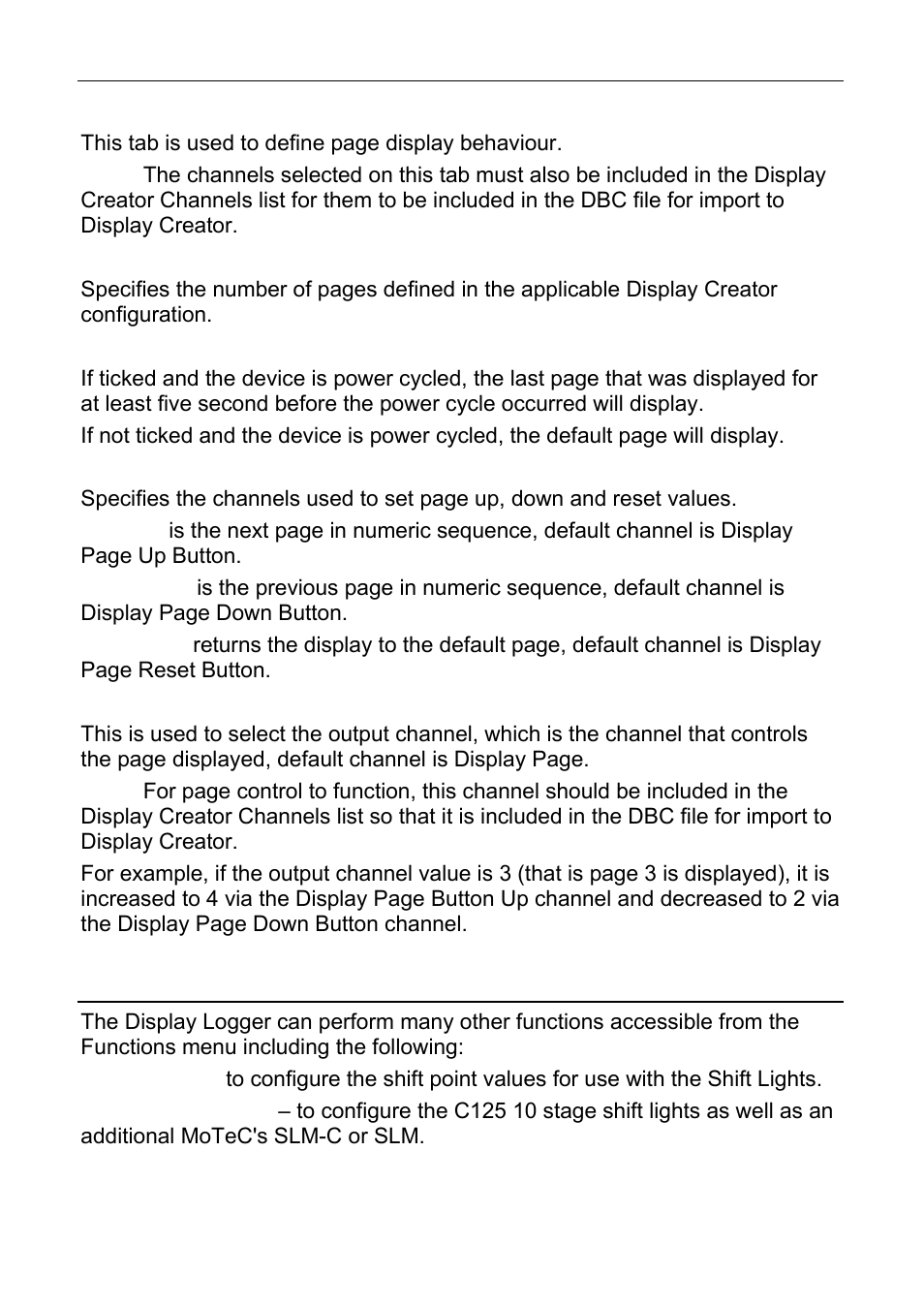 Display creator settings tab, Other functions, 48 configuration motec | MoTeC C125 User Manual | Page 49 / 89