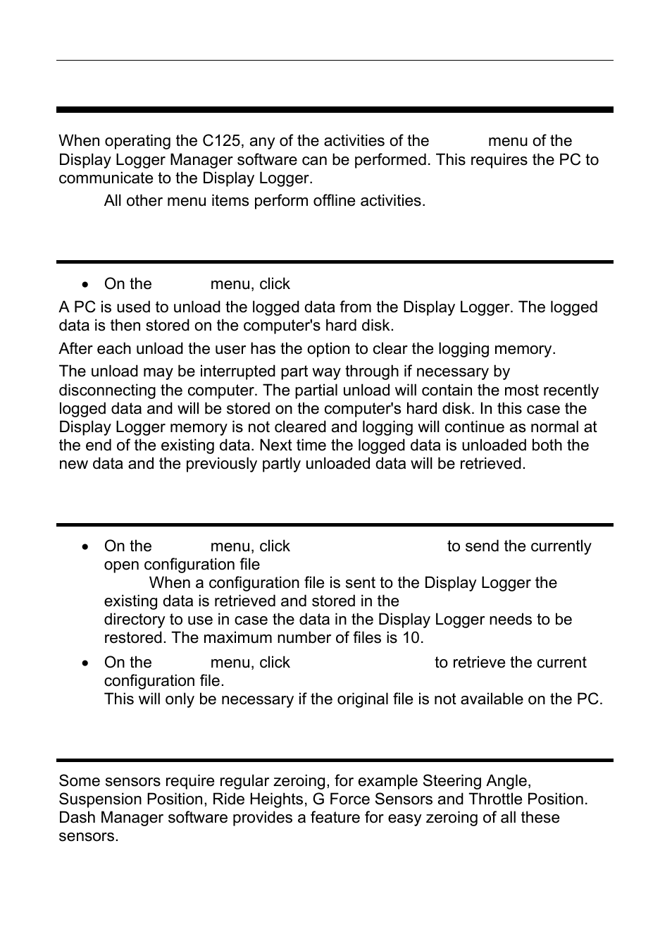 Operation, Retrieving the logged data, Sending and retrieving configuration files | Zeroing sensors, Ct. see, Sending and retrieving, Configuration files | MoTeC C125 User Manual | Page 50 / 89