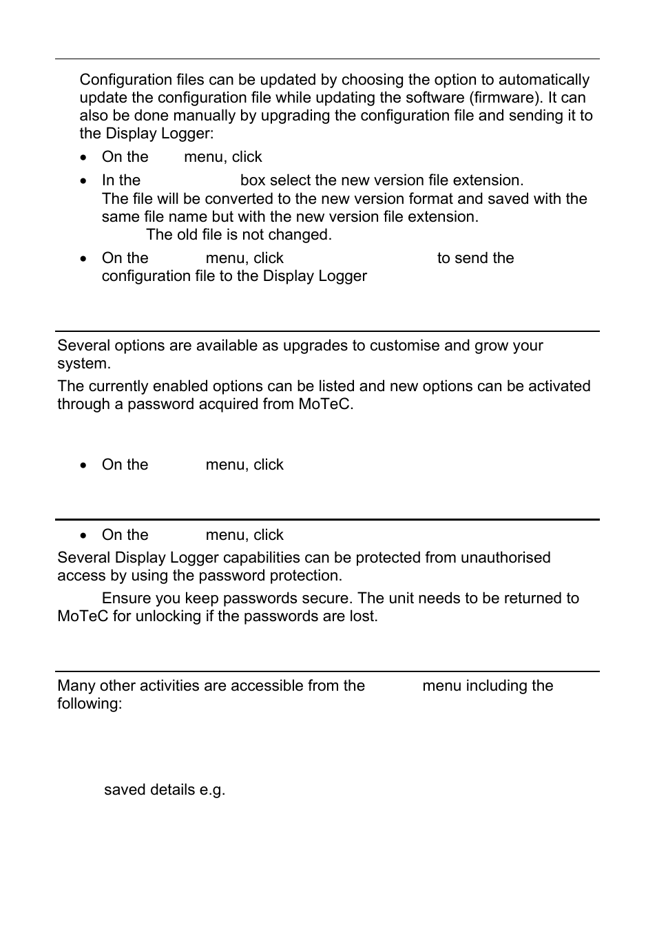 Upgrading the display logger, To upgrade the display logger, Password protection | Other online activities, Motec operation 51 | MoTeC C125 User Manual | Page 52 / 89