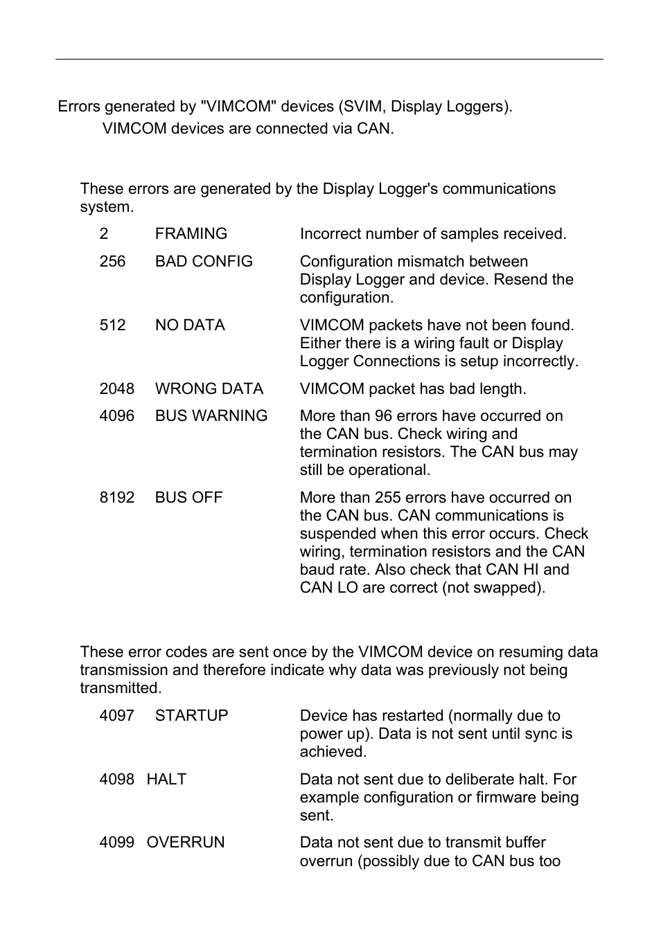 Vimcom" errors, Display logger errors (c125), Vimcom device errors | 78 appendices motec "vimcom" errors | MoTeC C125 User Manual | Page 79 / 89