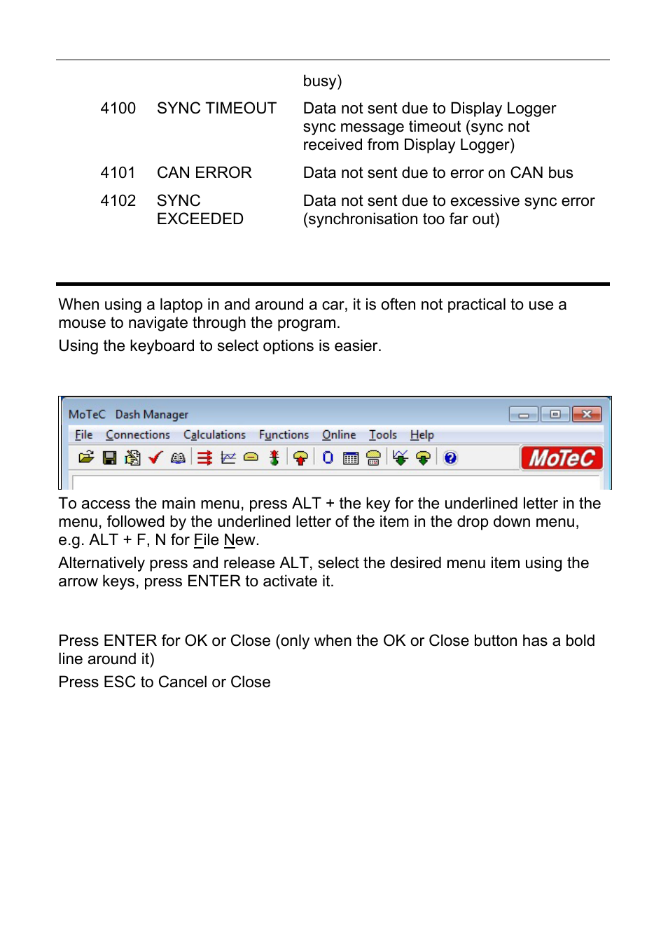 Windows keyboard shortcuts, Main menu, Closing a window | Getting help | MoTeC C125 User Manual | Page 80 / 89