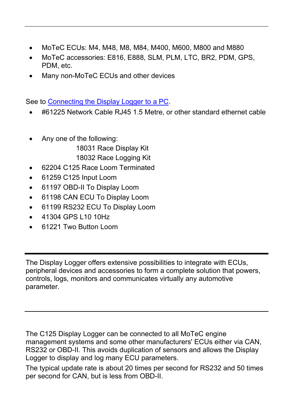 Compatibility, Required accessories, Optional kits and accessories | System overview, Typical devices used with the display logger, Ecus | MoTeC C125 User Manual | Page 9 / 89