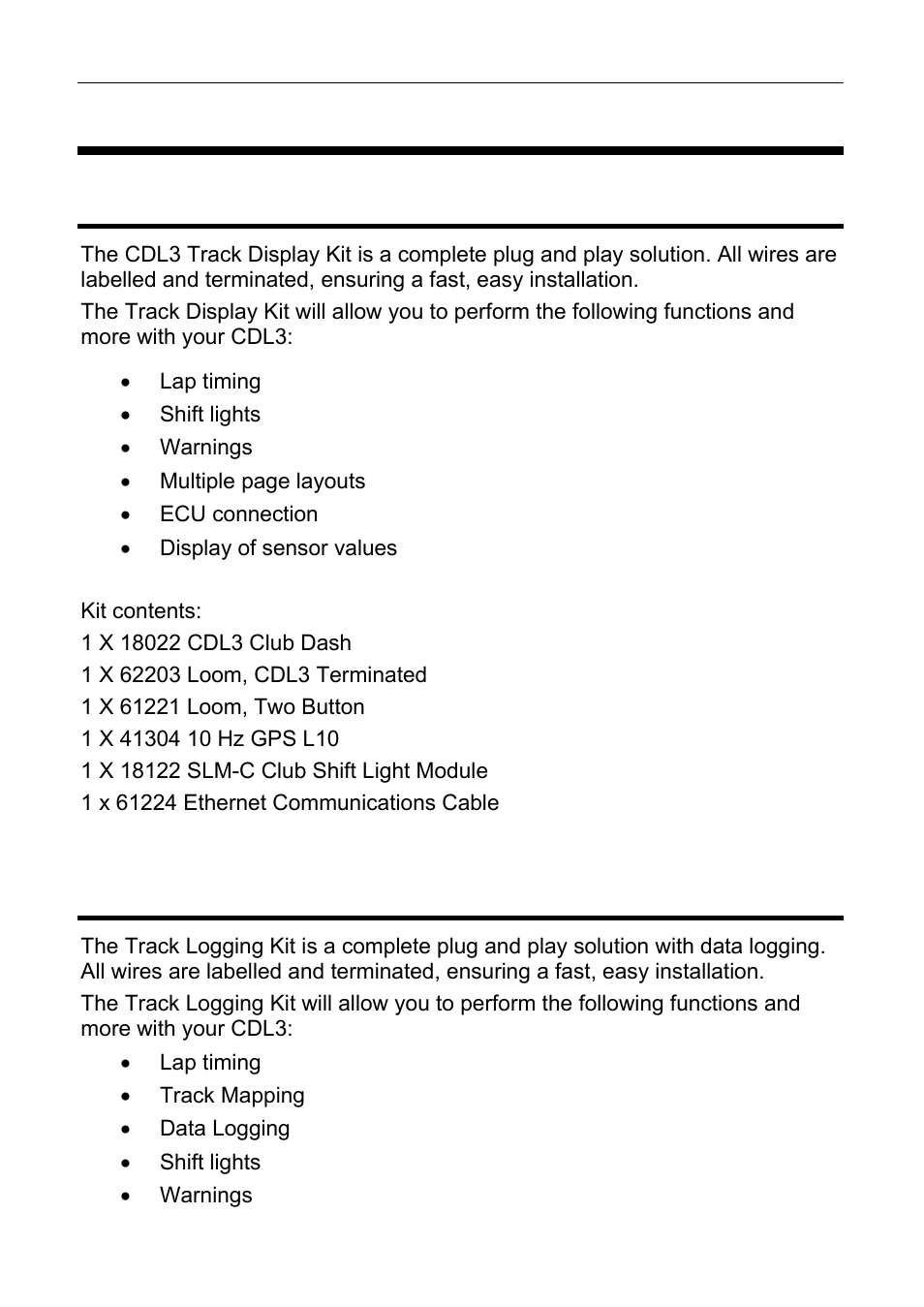 Cdl3 track kits, Cdl3 track display kit, Cdl3 track logging kit | MoTeC CDL3 User Manual | Page 12 / 86
