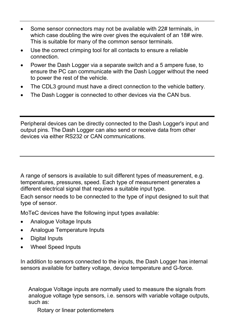 Connecting devices, Inputs – requires i/o upgrade | MoTeC CDL3 User Manual | Page 21 / 86