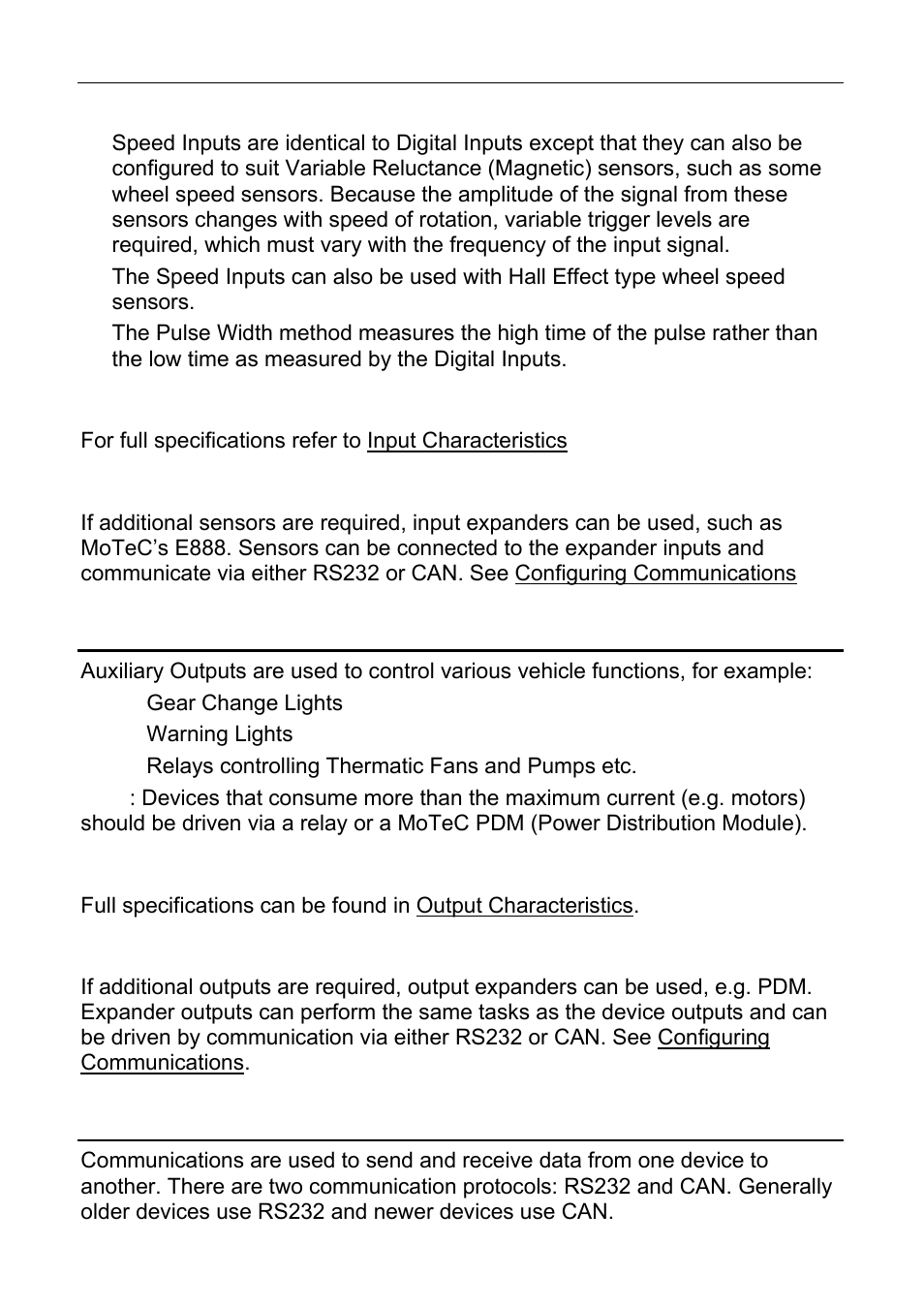 Outputs – requires i/o upgrade, Communications | MoTeC CDL3 User Manual | Page 23 / 86