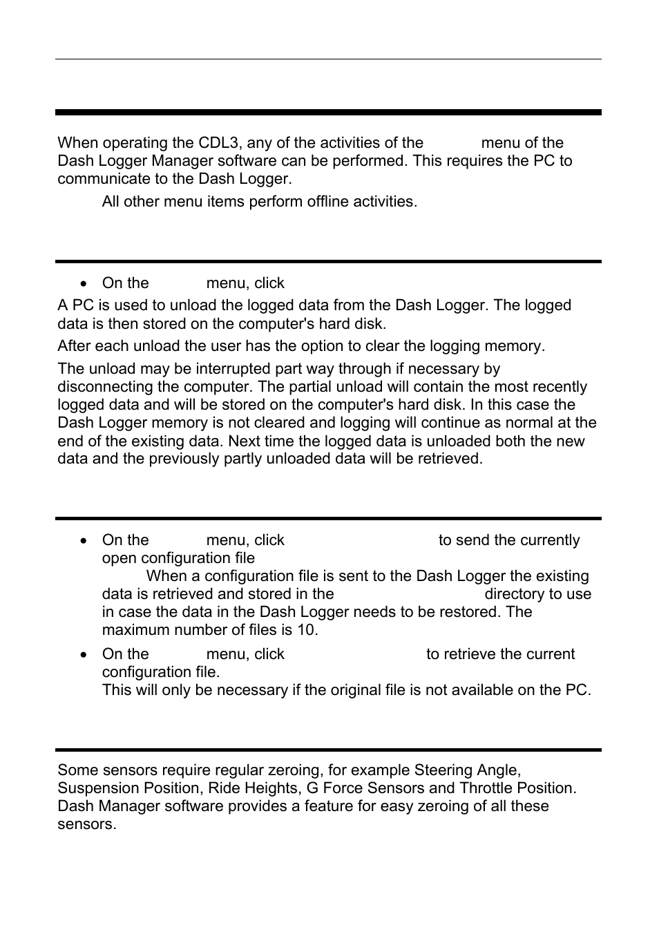 Operation, Retrieving the logged data, Sending and retrieving configuration files | Zeroing sensors | MoTeC CDL3 User Manual | Page 47 / 86