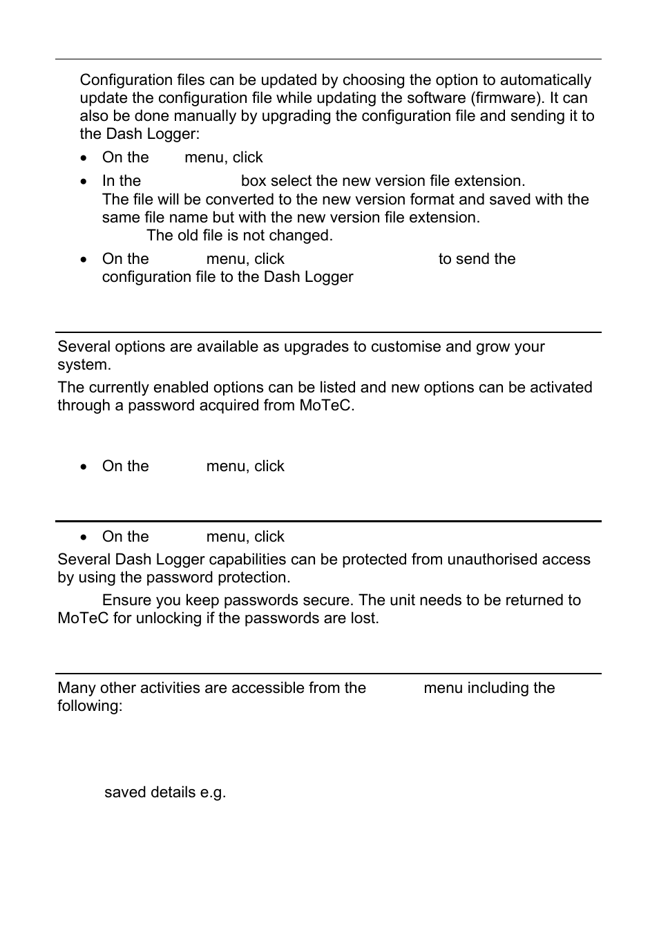 Upgrading the dash logger, Password protection, Other online activities | Motec operation 49 | MoTeC CDL3 User Manual | Page 49 / 86