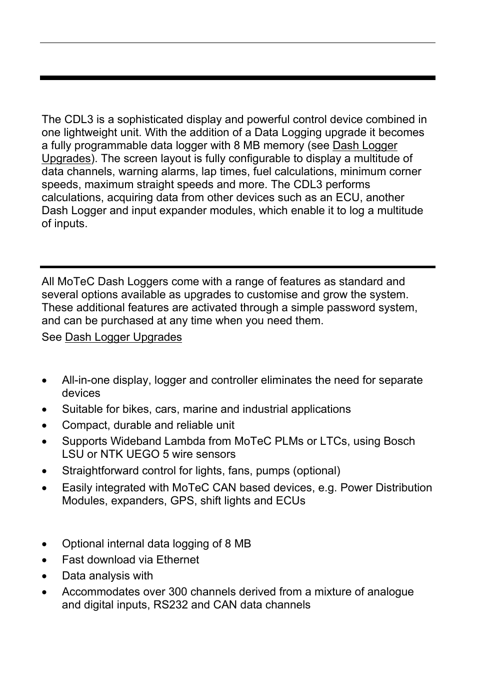 Introduction, Features | MoTeC CDL3 User Manual | Page 6 / 86