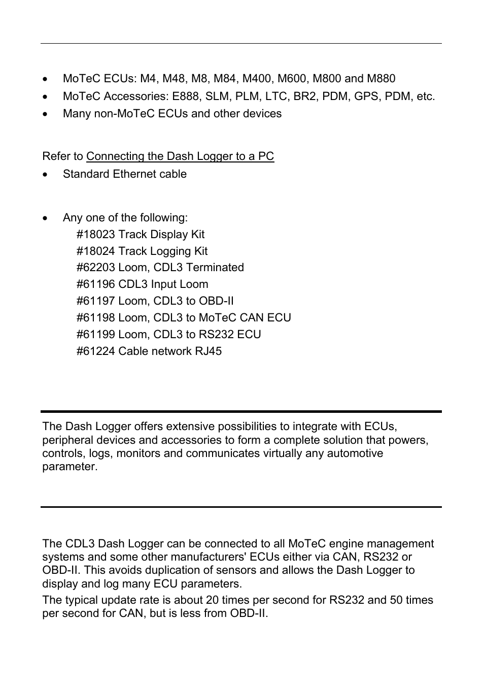 System overview, Typical devices used with the dash logger | MoTeC CDL3 User Manual | Page 8 / 86