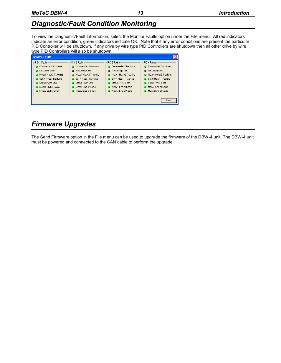 Diagnostic/fault condition monitoring, Firmware upgrades | MoTeC DBW-4 User Manual | Page 13 / 21