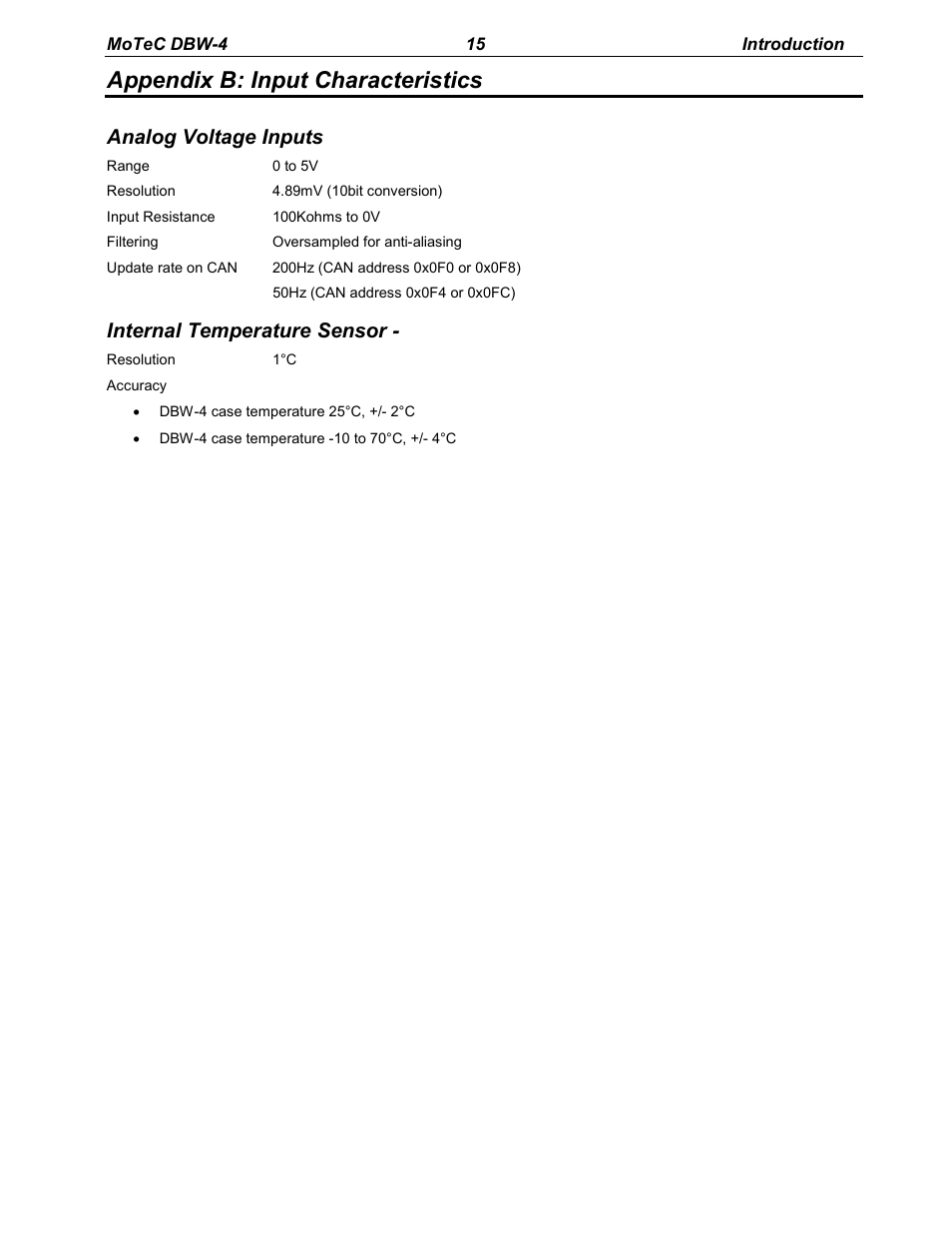 Appendix b: input characteristics, Analog voltage inputs, Internal temperature sensor | MoTeC DBW-4 User Manual | Page 15 / 21