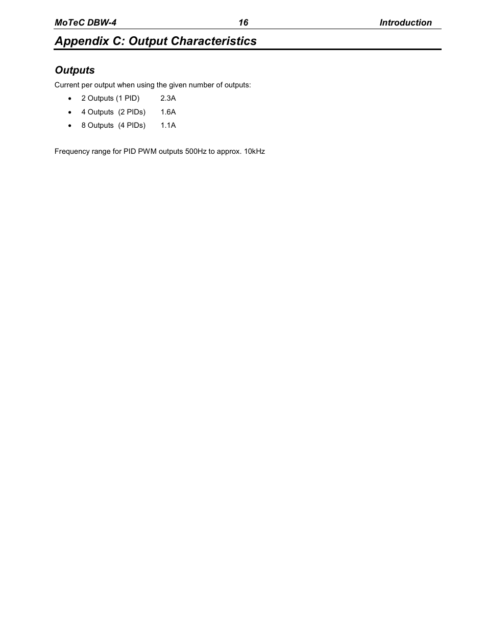 Appendix c: output characteristics, Outputs | MoTeC DBW-4 User Manual | Page 16 / 21