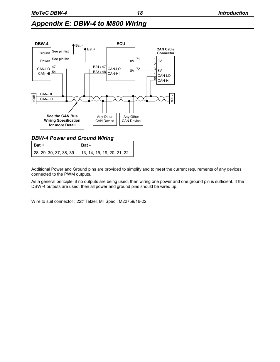 Appendix e: dbw-4 to m800 wiring, Motec dbw-4 18 introduction, Dbw-4 power and ground wiring | MoTeC DBW-4 User Manual | Page 18 / 21