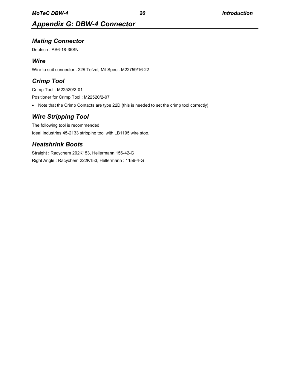 Appendix g: dbw-4 connector, Mating connector, Wire | Crimp tool, Wire stripping tool, Heatshrink boots | MoTeC DBW-4 User Manual | Page 20 / 21