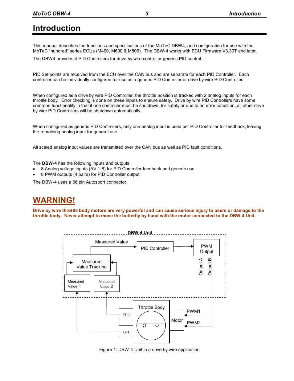 Introduction, Warning | MoTeC DBW-4 User Manual | Page 3 / 21