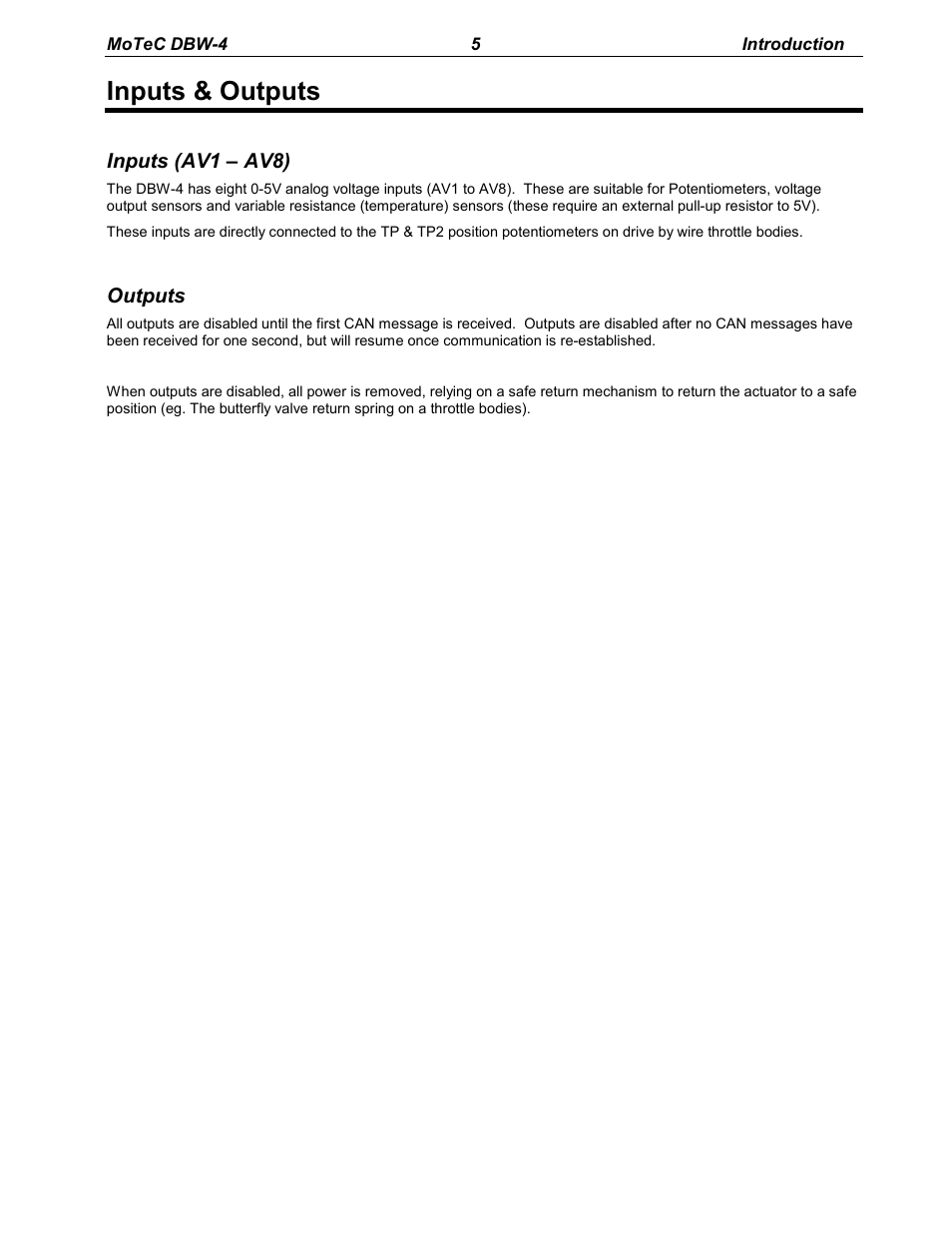 Inputs & outputs, Inputs (av1 – av8), Outputs | MoTeC DBW-4 User Manual | Page 5 / 21