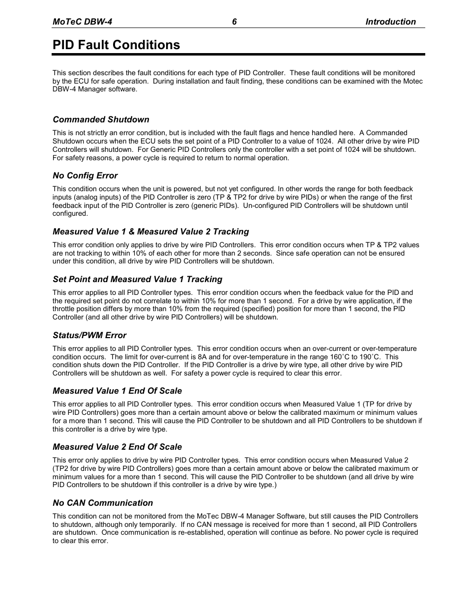Pid fault conditions | MoTeC DBW-4 User Manual | Page 6 / 21
