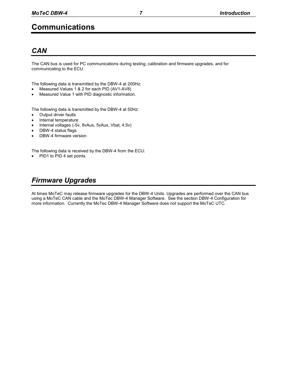 Communications, Firmware upgrades | MoTeC DBW-4 User Manual | Page 7 / 21