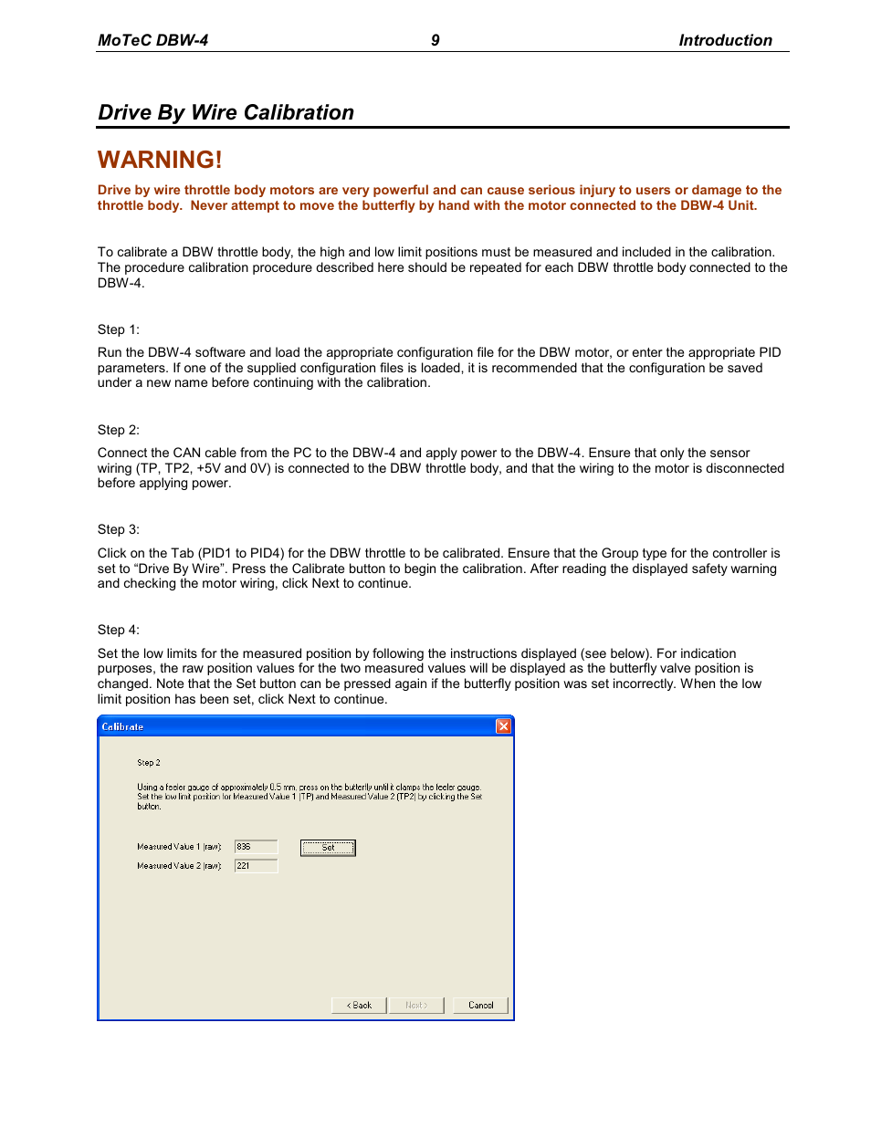 Warning, Drive by wire calibration | MoTeC DBW-4 User Manual | Page 9 / 21