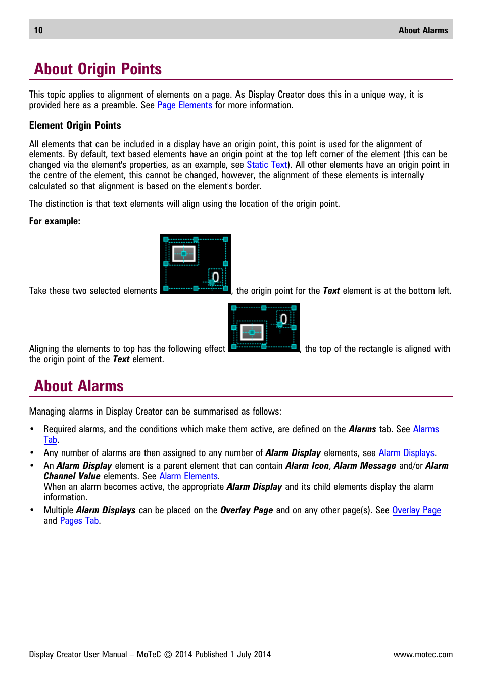 About origin points, About alarms | MoTeC Display Creator User Manual | Page 10 / 66