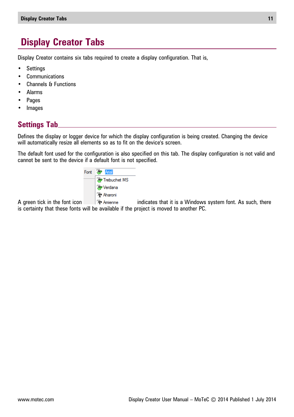 Display creator tabs, Settings tab, Settings | MoTeC Display Creator User Manual | Page 11 / 66