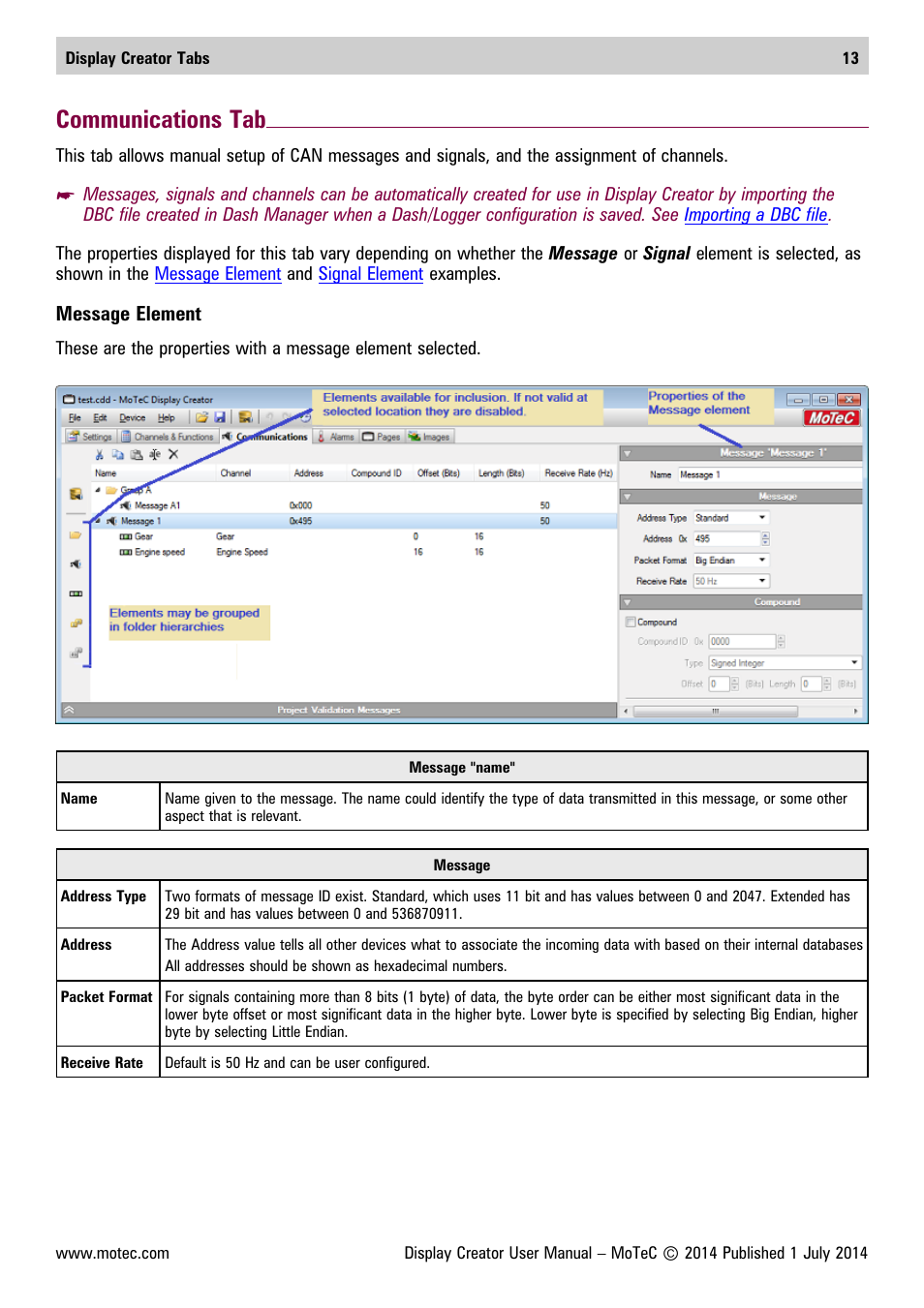 Communications tab | MoTeC Display Creator User Manual | Page 13 / 66