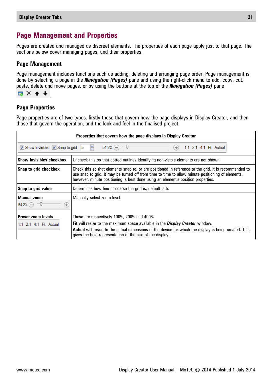 Page management and properties | MoTeC Display Creator User Manual | Page 21 / 66