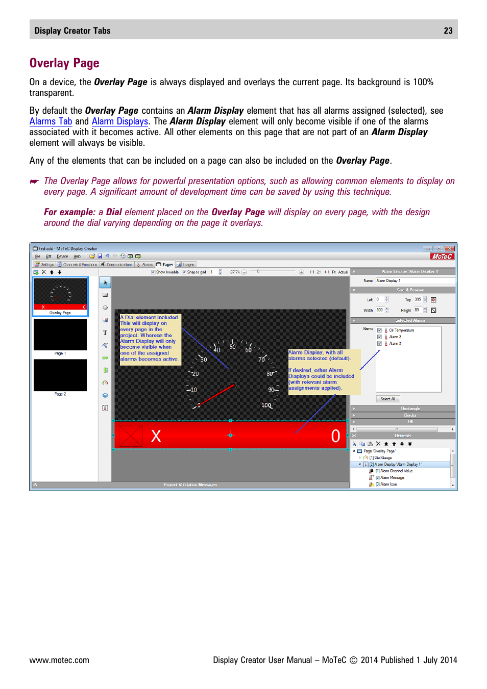 Overlay, Overlay page | MoTeC Display Creator User Manual | Page 23 / 66