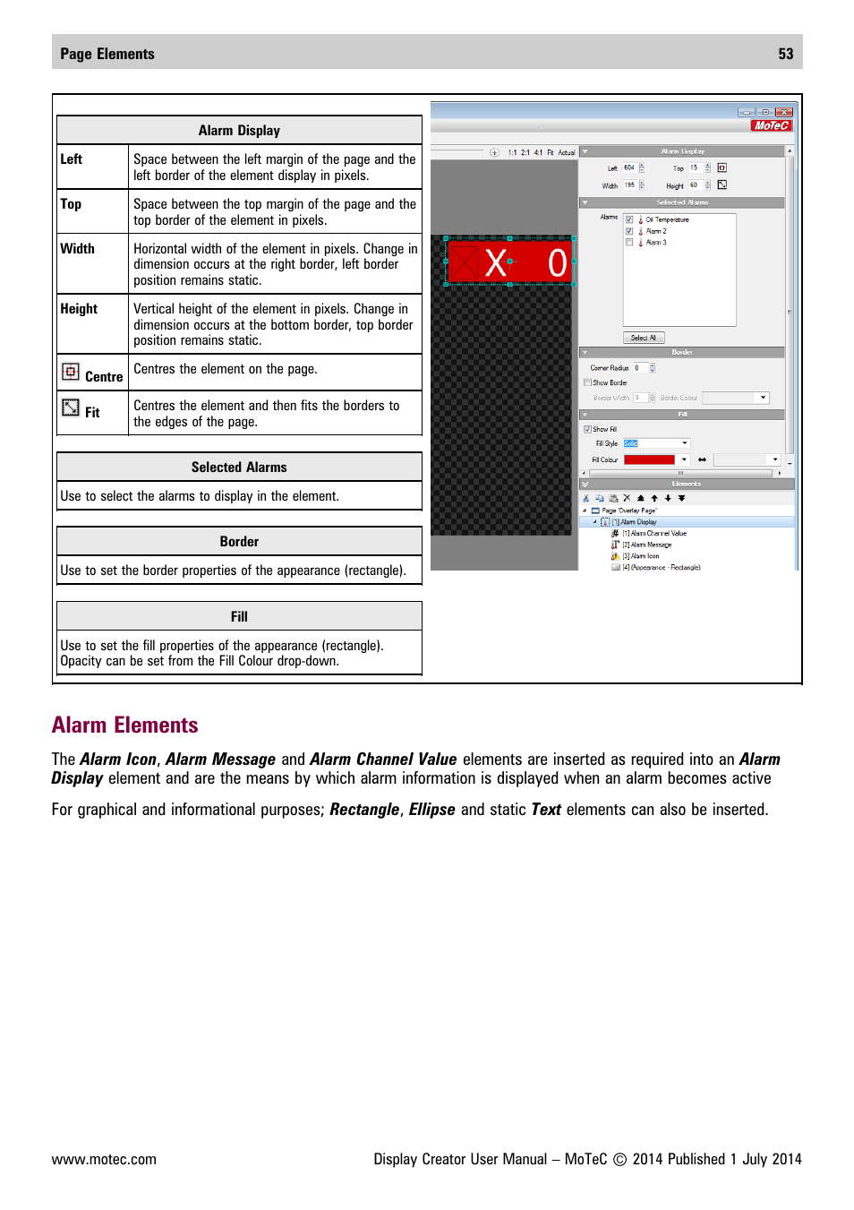 Alarm elements | MoTeC Display Creator User Manual | Page 53 / 66