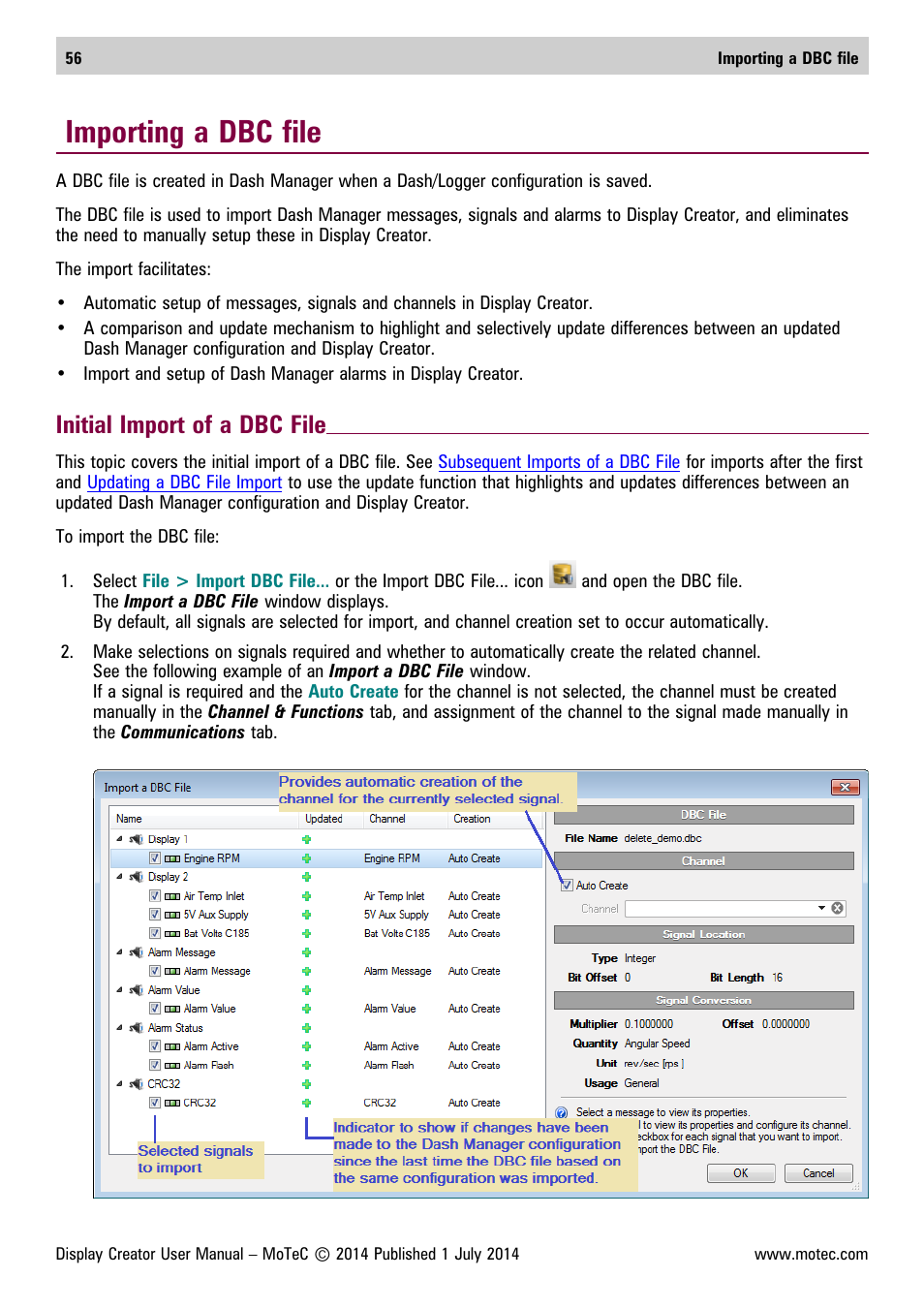 Importing a dbc file, Initial import of a dbc file, Importing a | Dbc file | MoTeC Display Creator User Manual | Page 56 / 66