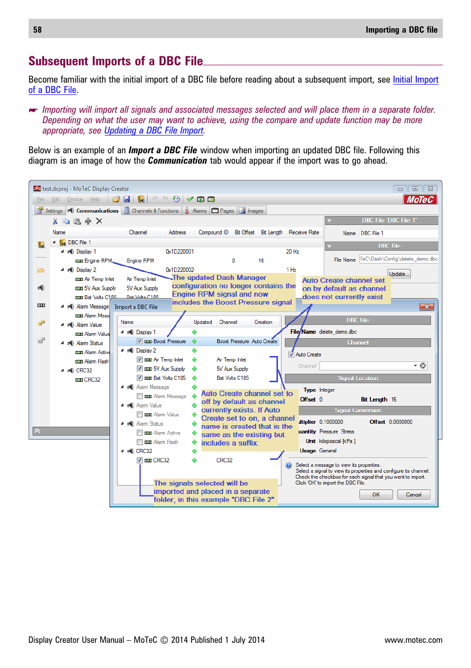 Subsequent imports of a dbc file | MoTeC Display Creator User Manual | Page 58 / 66