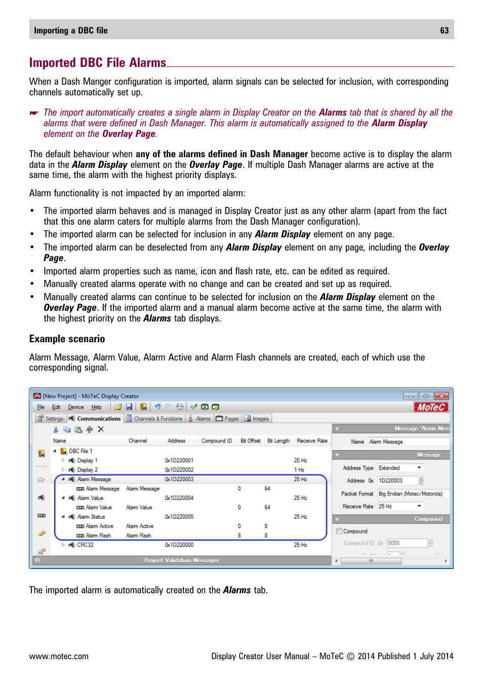 Imported dbc file alarms | MoTeC Display Creator User Manual | Page 63 / 66