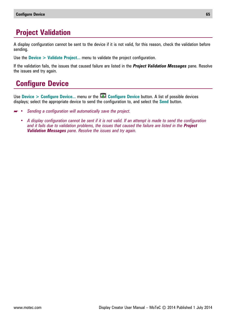 Project validation, Configure device | MoTeC Display Creator User Manual | Page 65 / 66