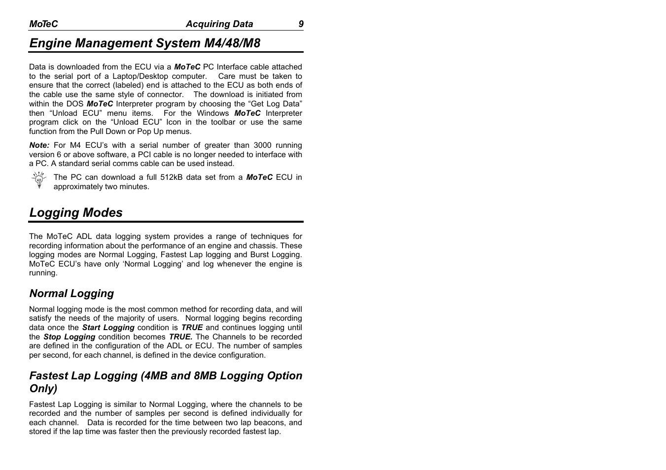 Engine management system m4/48/m8, Logging modes | MoTeC Interpreter User Manual | Page 11 / 37