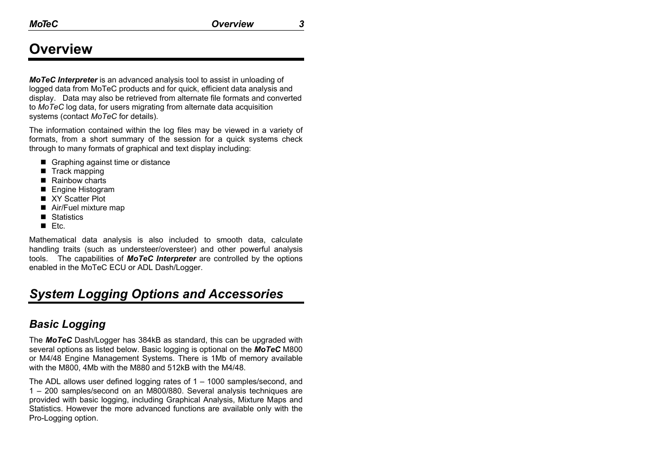 Overview, System logging options and accessories | MoTeC Interpreter User Manual | Page 5 / 37