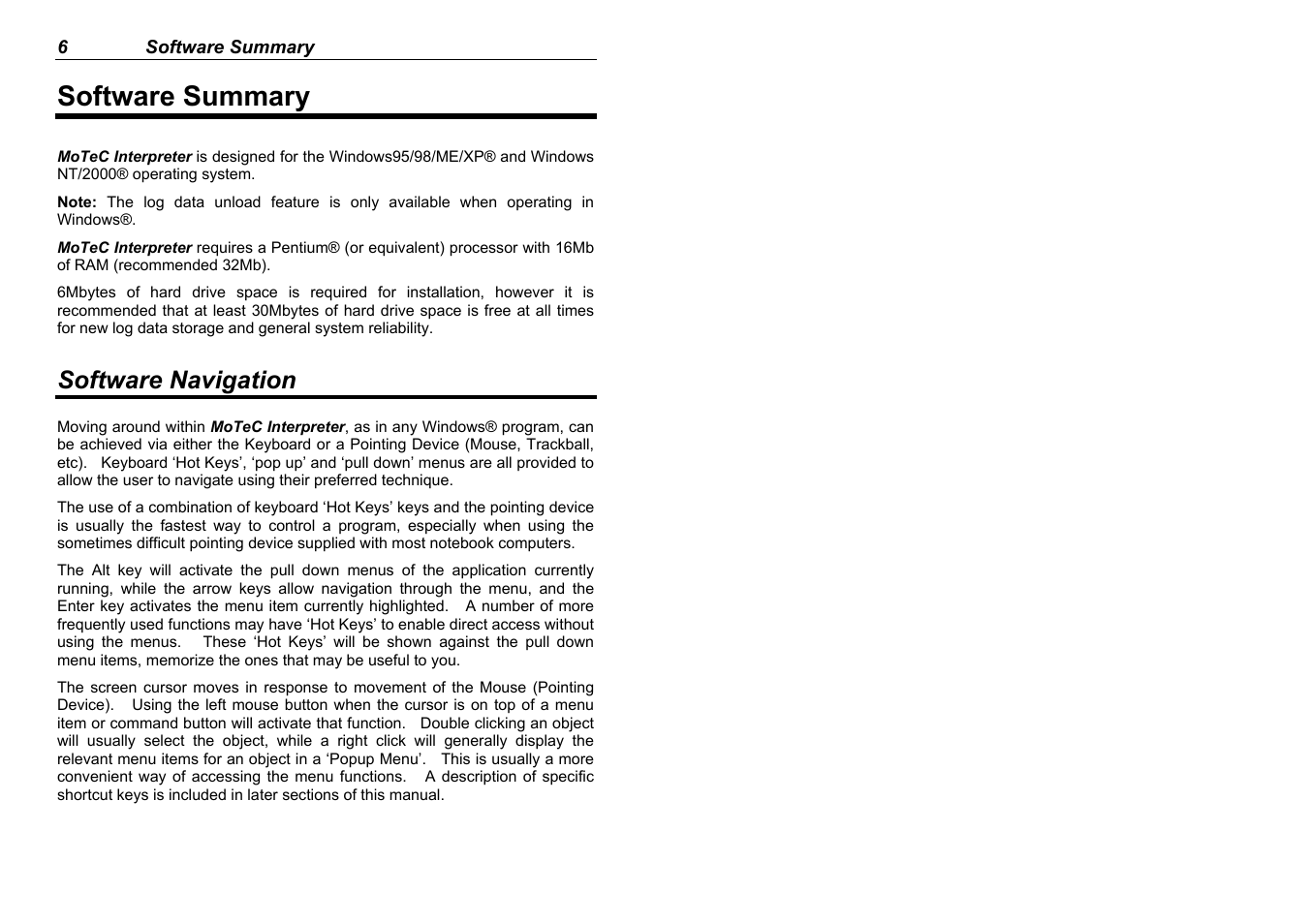 Software summary, Software navigation | MoTeC Interpreter User Manual | Page 8 / 37