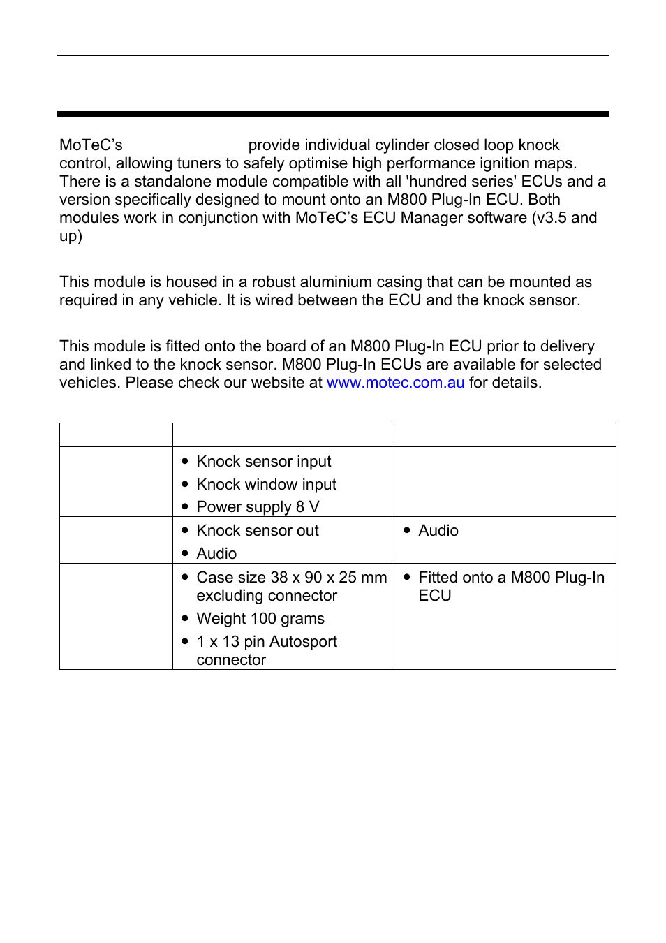 Introduction, 2 introduction, Basic specifications | MoTeC Knock OKM User Manual | Page 2 / 36