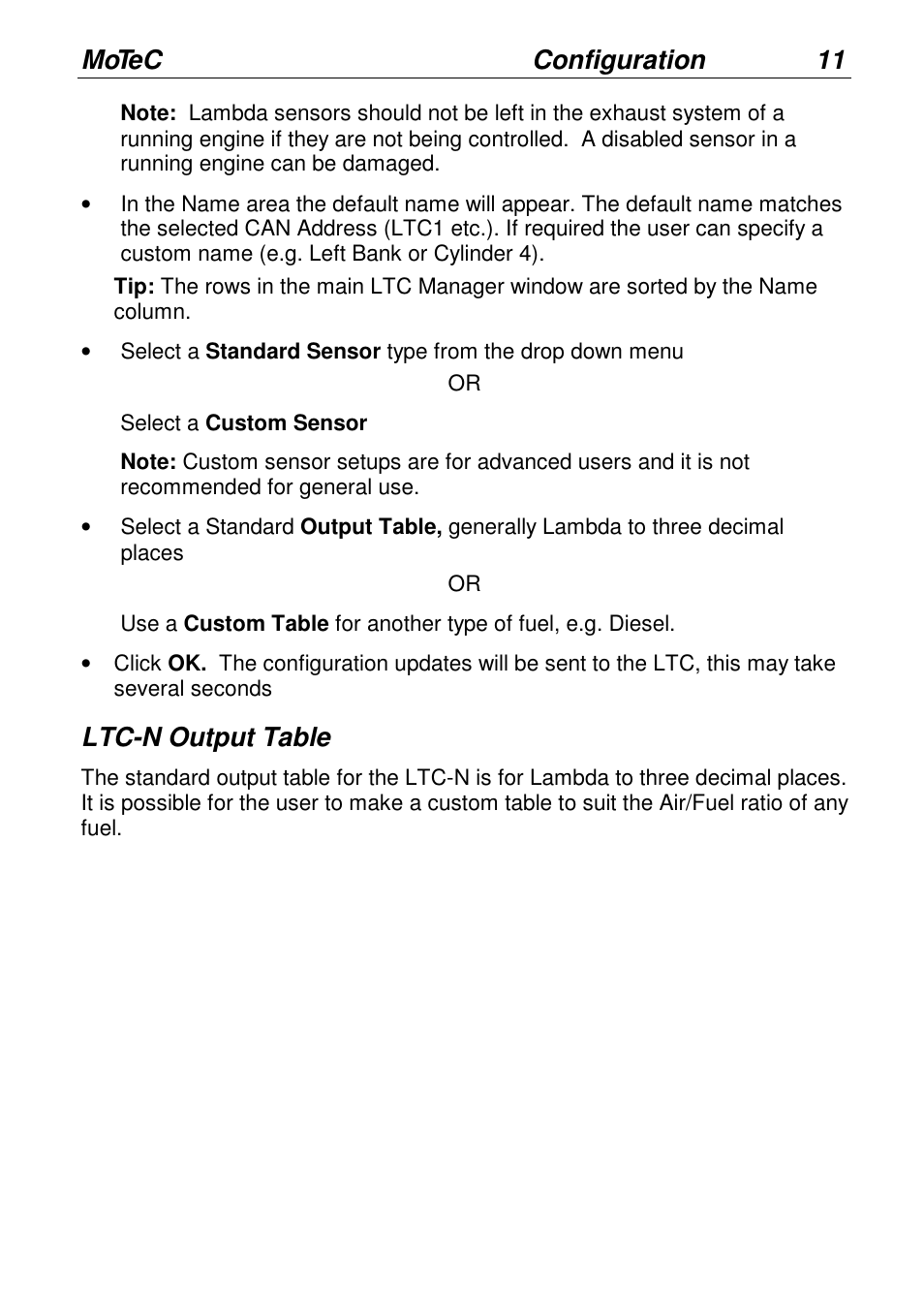 Motec configuration 11, Ltc-n output table | MoTeC LTCN User Manual | Page 11 / 39